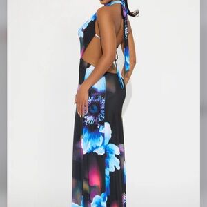 Fashion Nova Black Floral Blue Halter Maxi Dress